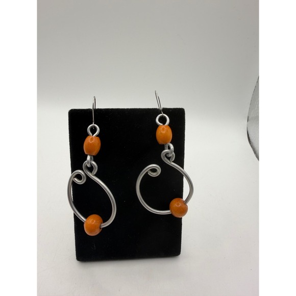 Unbranded Jewelry - Artisan Silver Tone Wire Swirl Drop Earrings Orange Wood Bead Boho Dangle